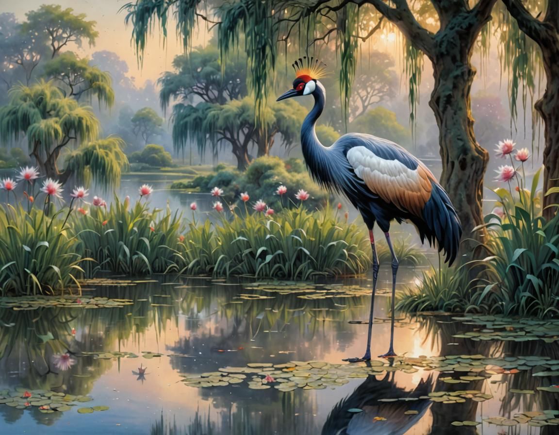 Crowned Crane at Pond with Weeping Willow
