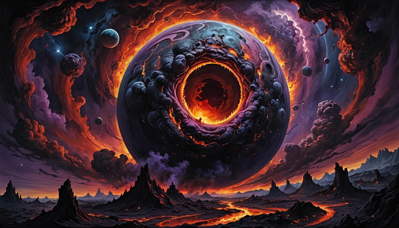 Gargantua Devours Yellow Planet in Surreal Oil Painting
