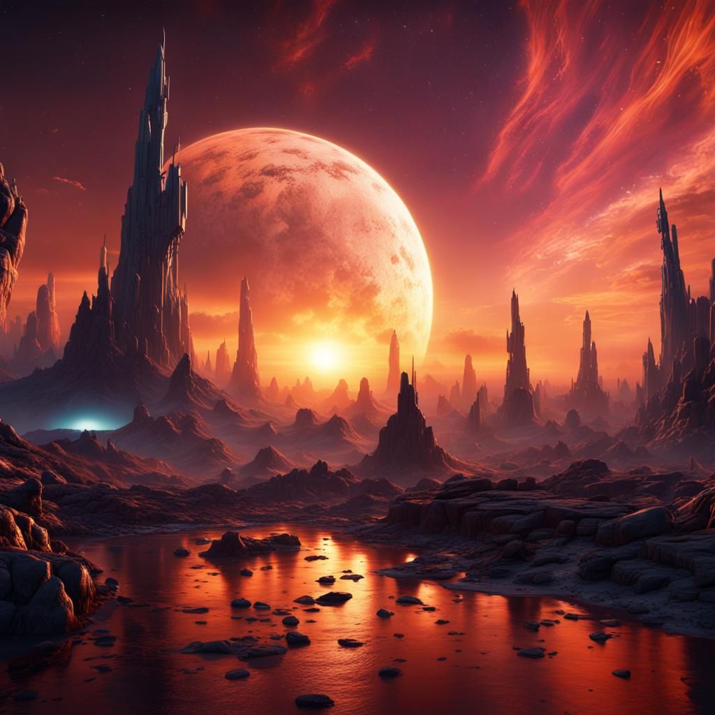 Fantastical Sunset on Alien Planet in Space