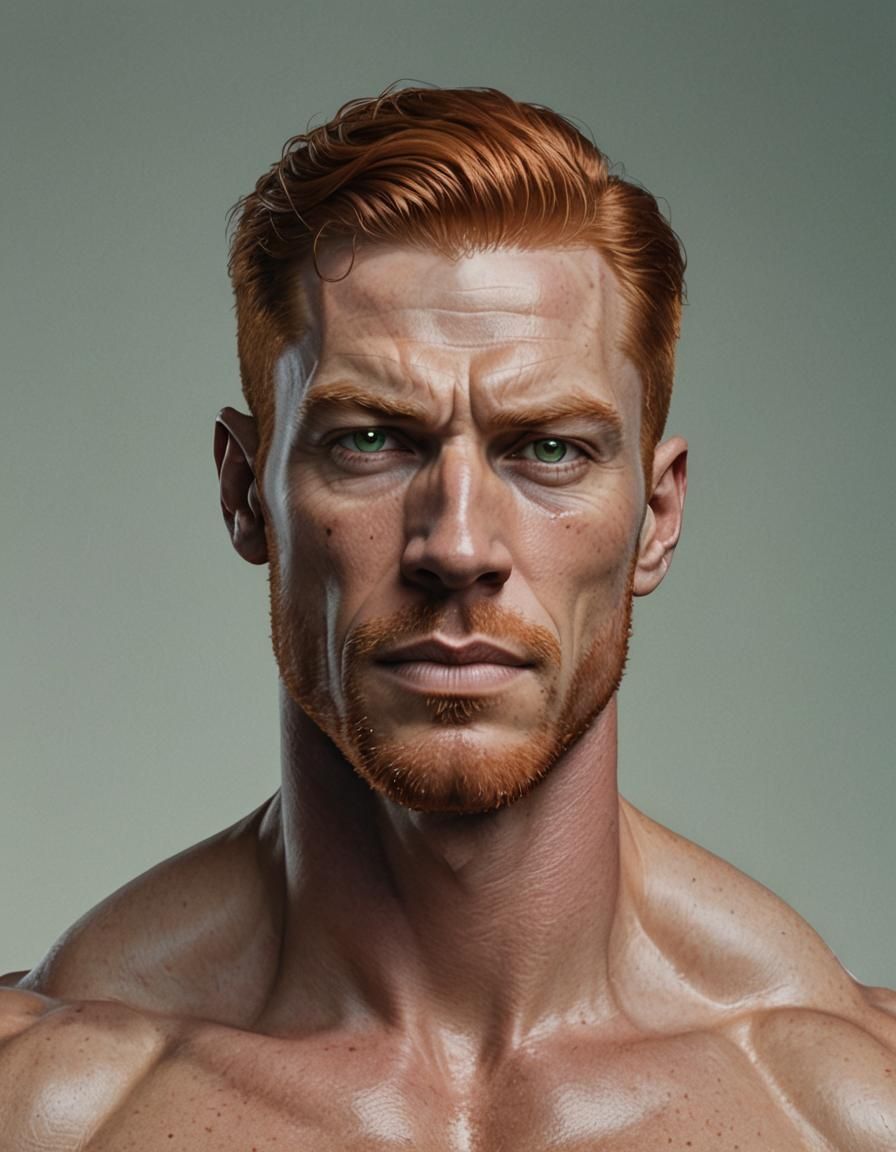Hyperrealistic Portrait: Muscular Ginger Man with Green Eyes