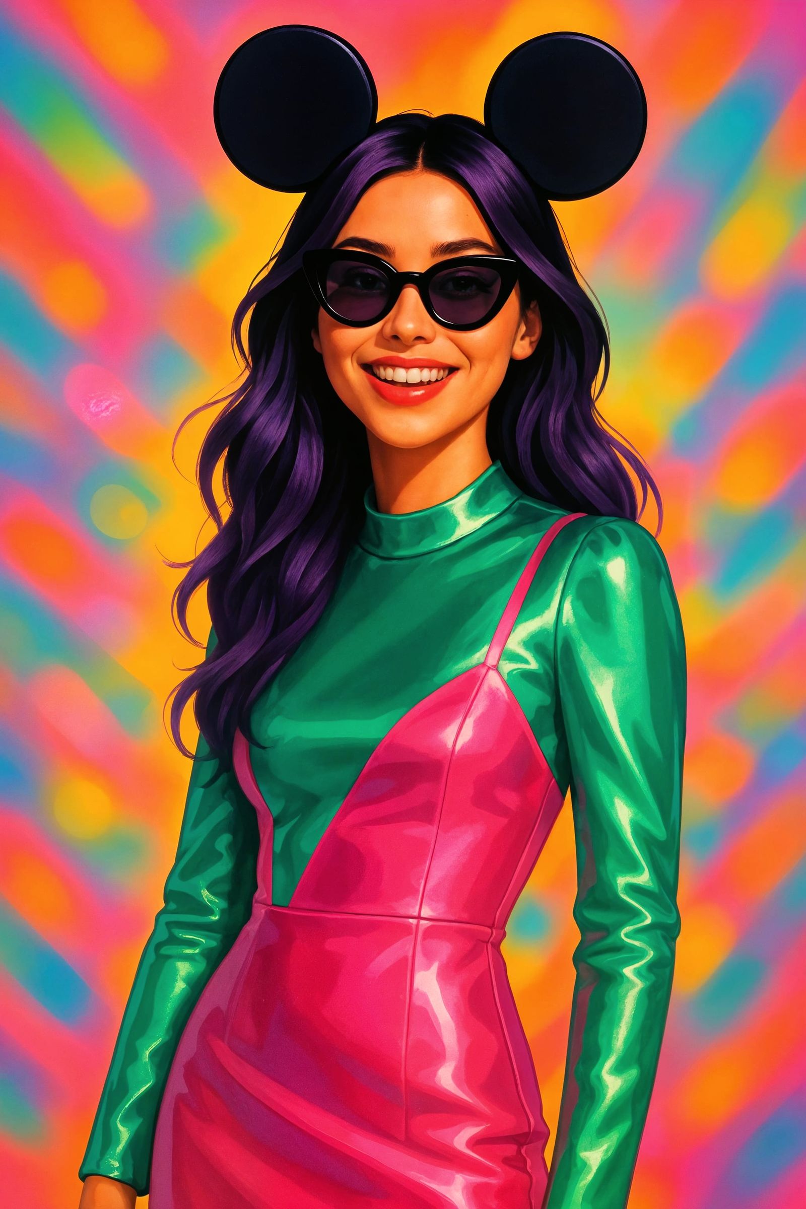 Pop Art Portrait of Woman with Purple Hair and Mouse Ears