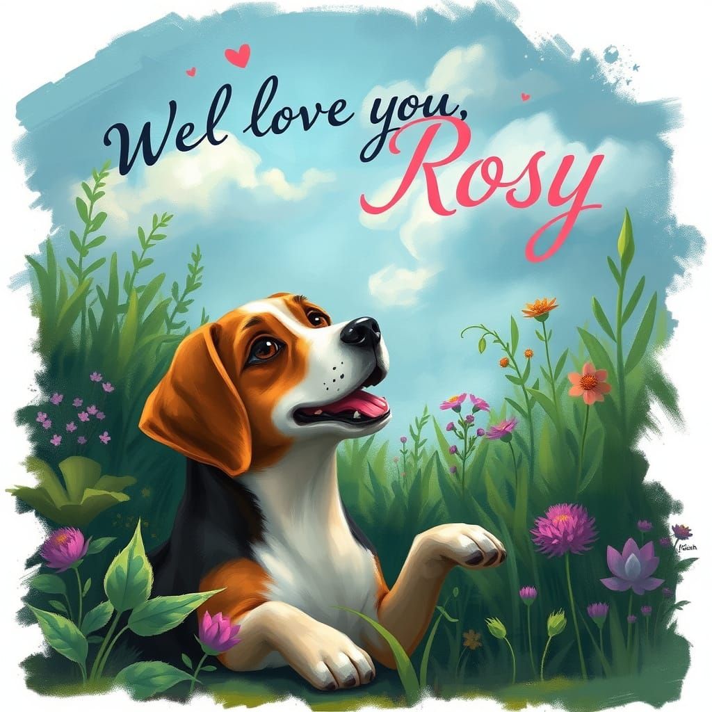 Whimsical Beagle Mix Surrounded by Lush Greenery in a Dreaml...