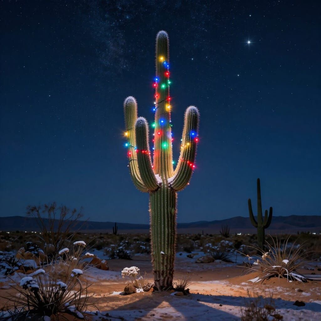 Saguaro Cactus Lit by Christmas Lights in Snowy Desert