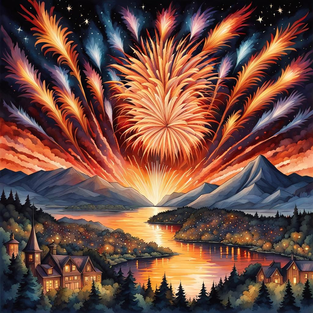 Fireworks Light Up Night Sky in Watercolor Style