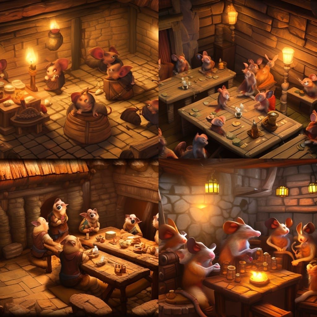Mice D&D Party in Tavern, 3D Render