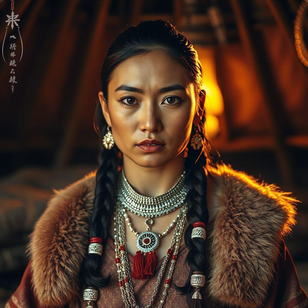 Regal Mongolian Woman in Traditional Attire, Adorned with In...