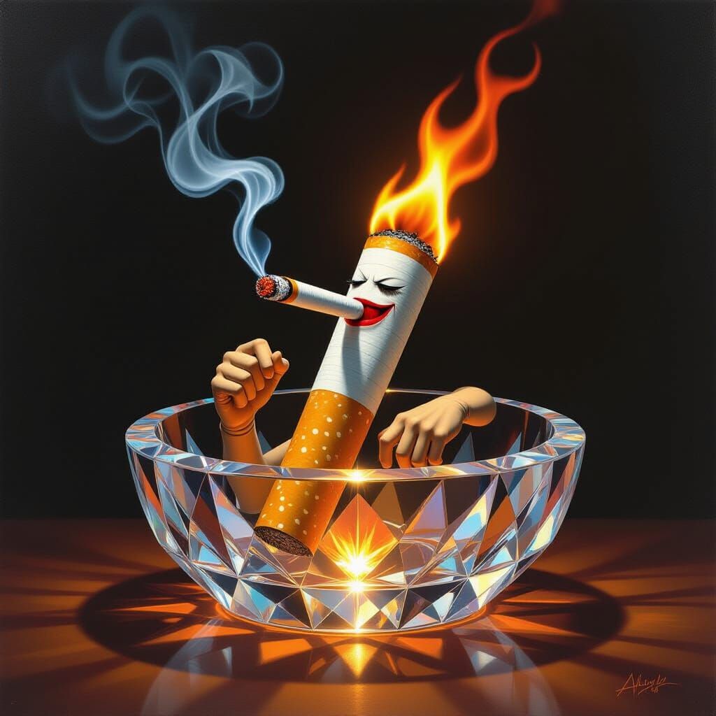 Surreal Anthropomorphic Cigarette in Crystal Ashtray