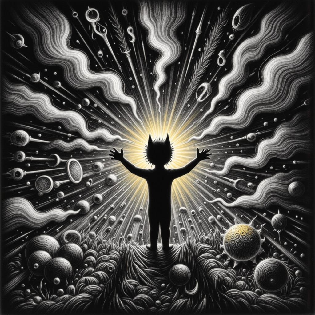 Crayon-Style Cat with Wings and Floral Elements