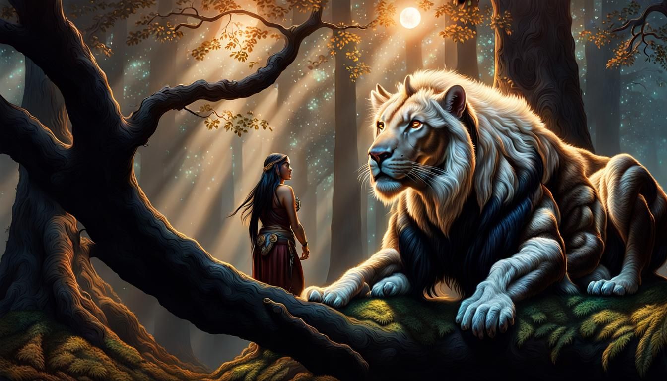 Mythical Wampus Cat Stares at Native American Woman