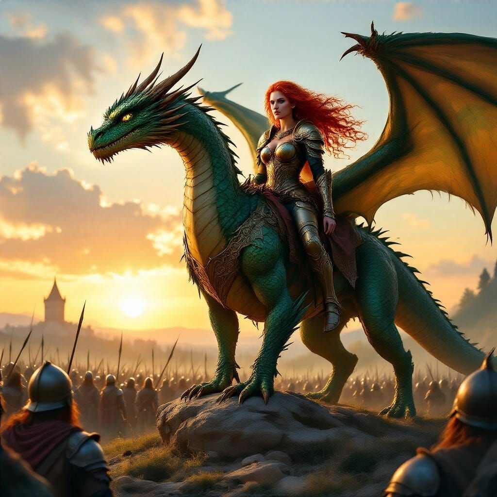 Fearless Redhead Warrior and Dragon Soar Above Battlefields ...