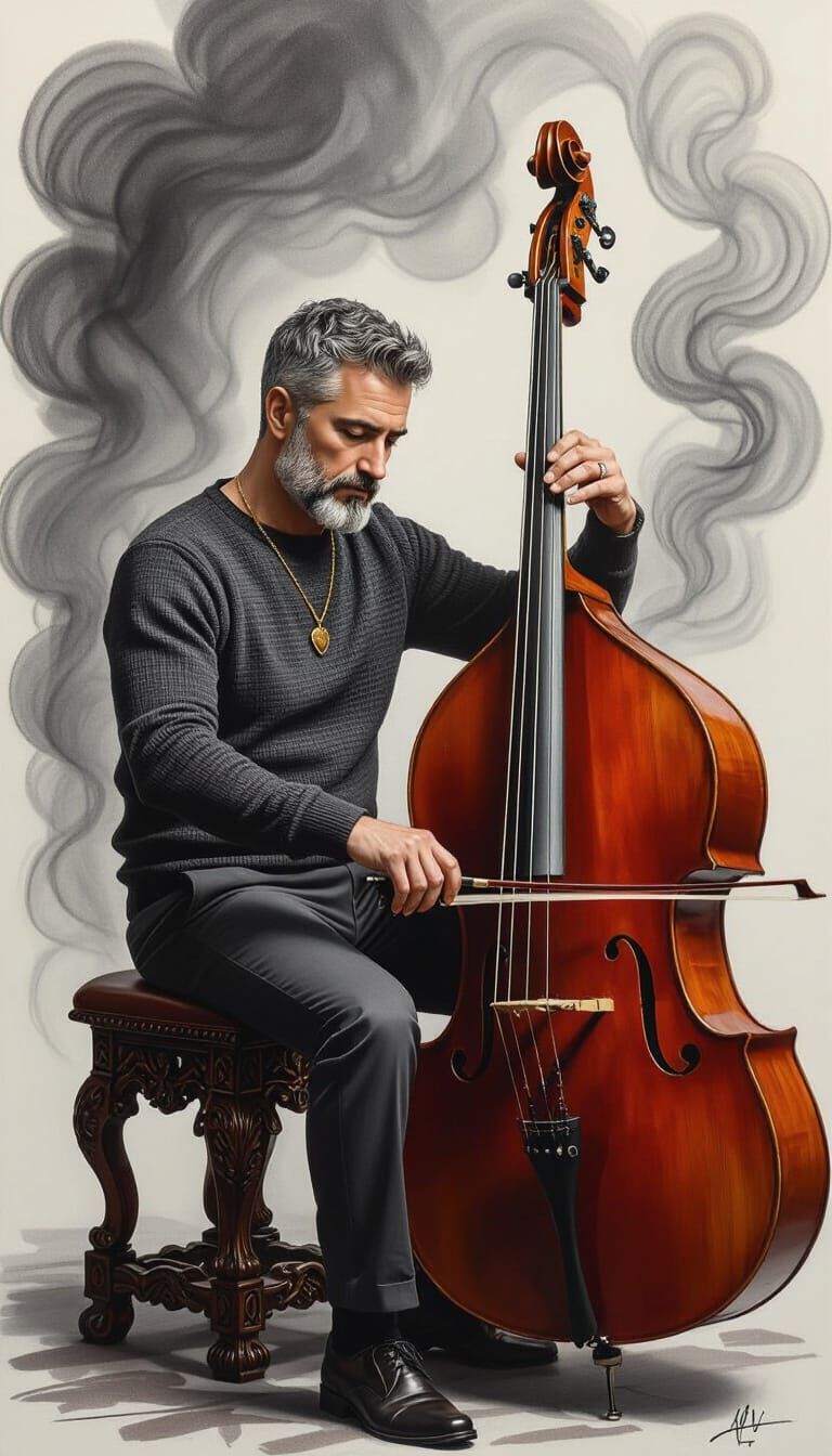Contemplative Man Playing Contrabass in Charcoal Style