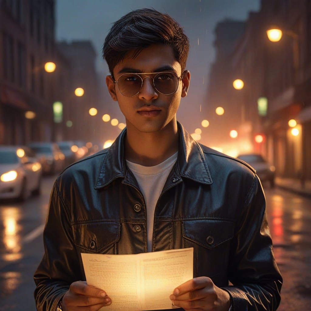 Young Man Holds Burning Letter in Dramatic City Rain