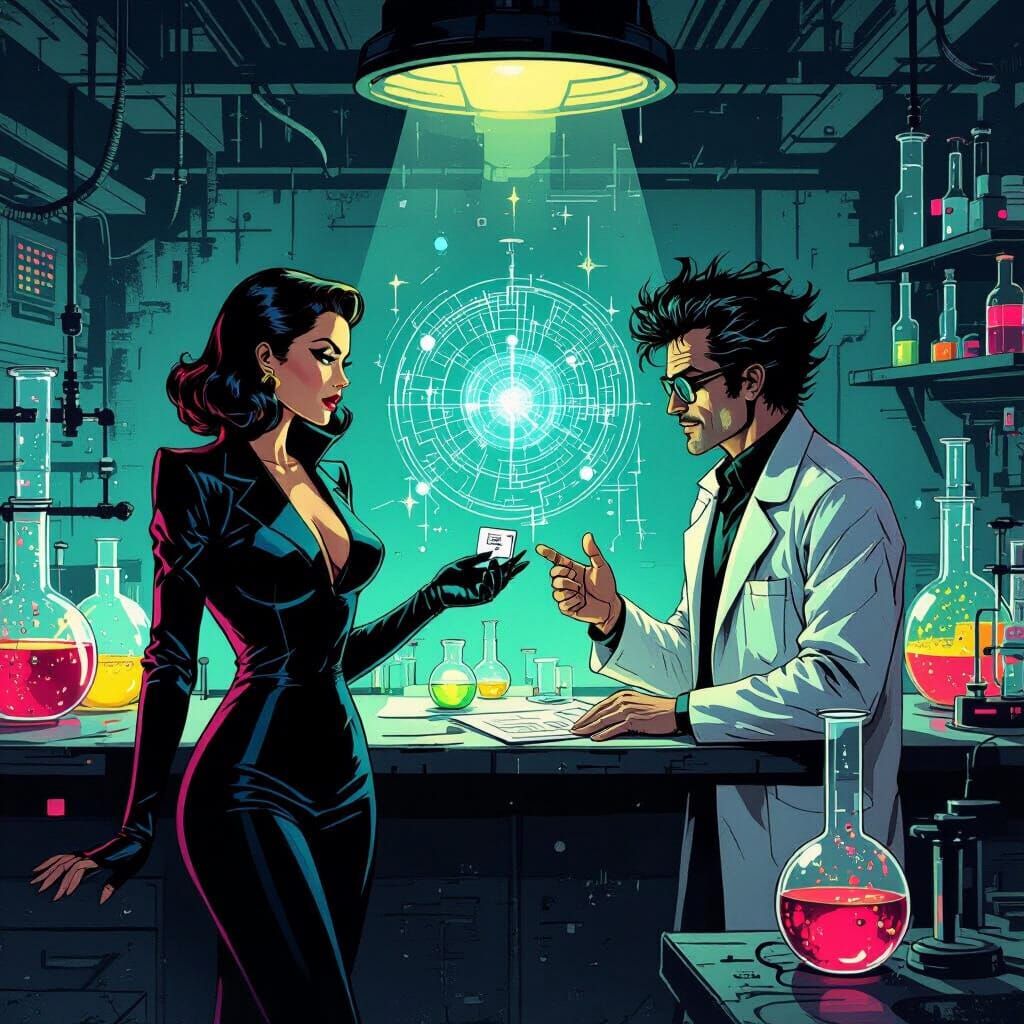 Femme Fatale and Scientist in Retro-Futuristic Lab