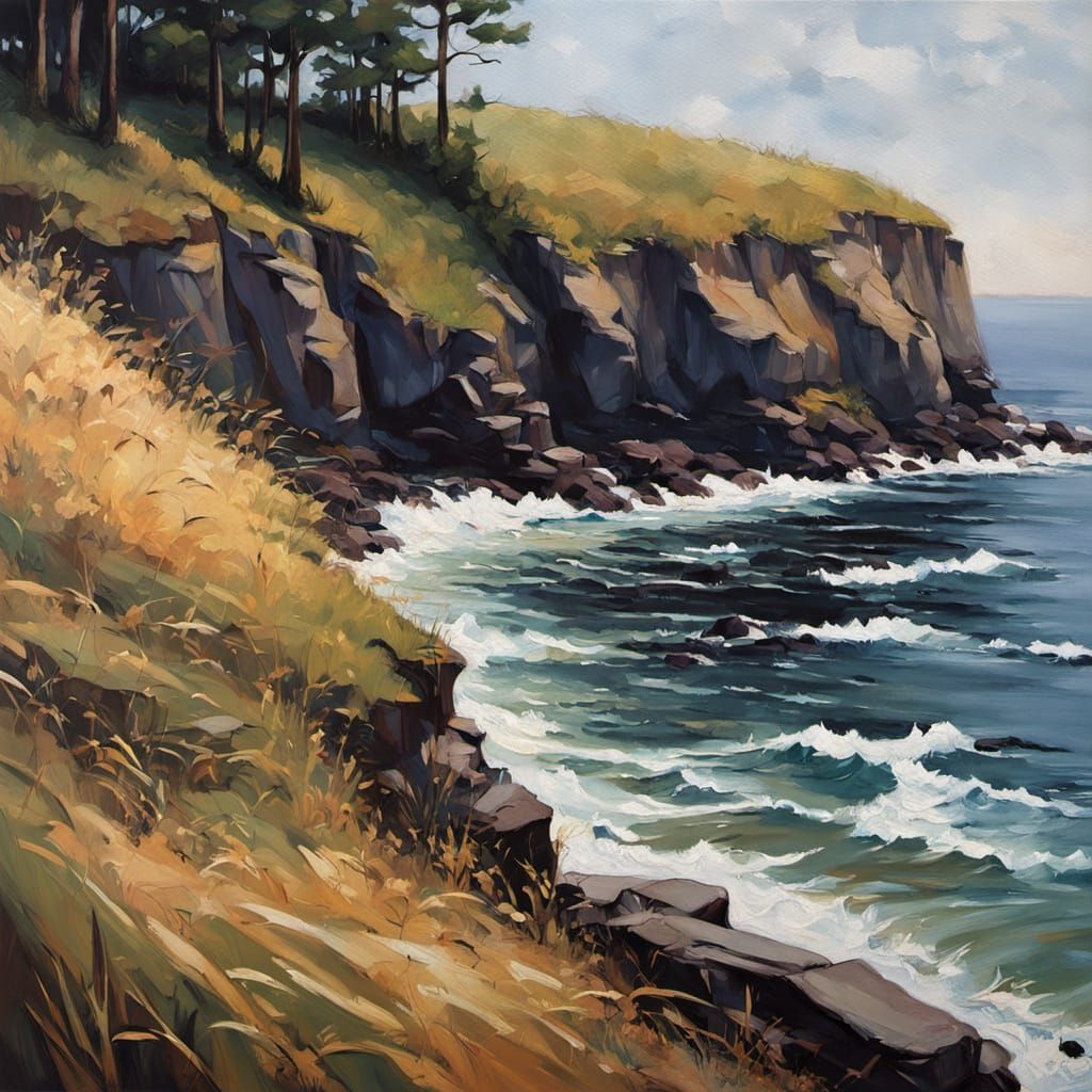 Coastal Cliffside Oil Painting in Impressionist Style