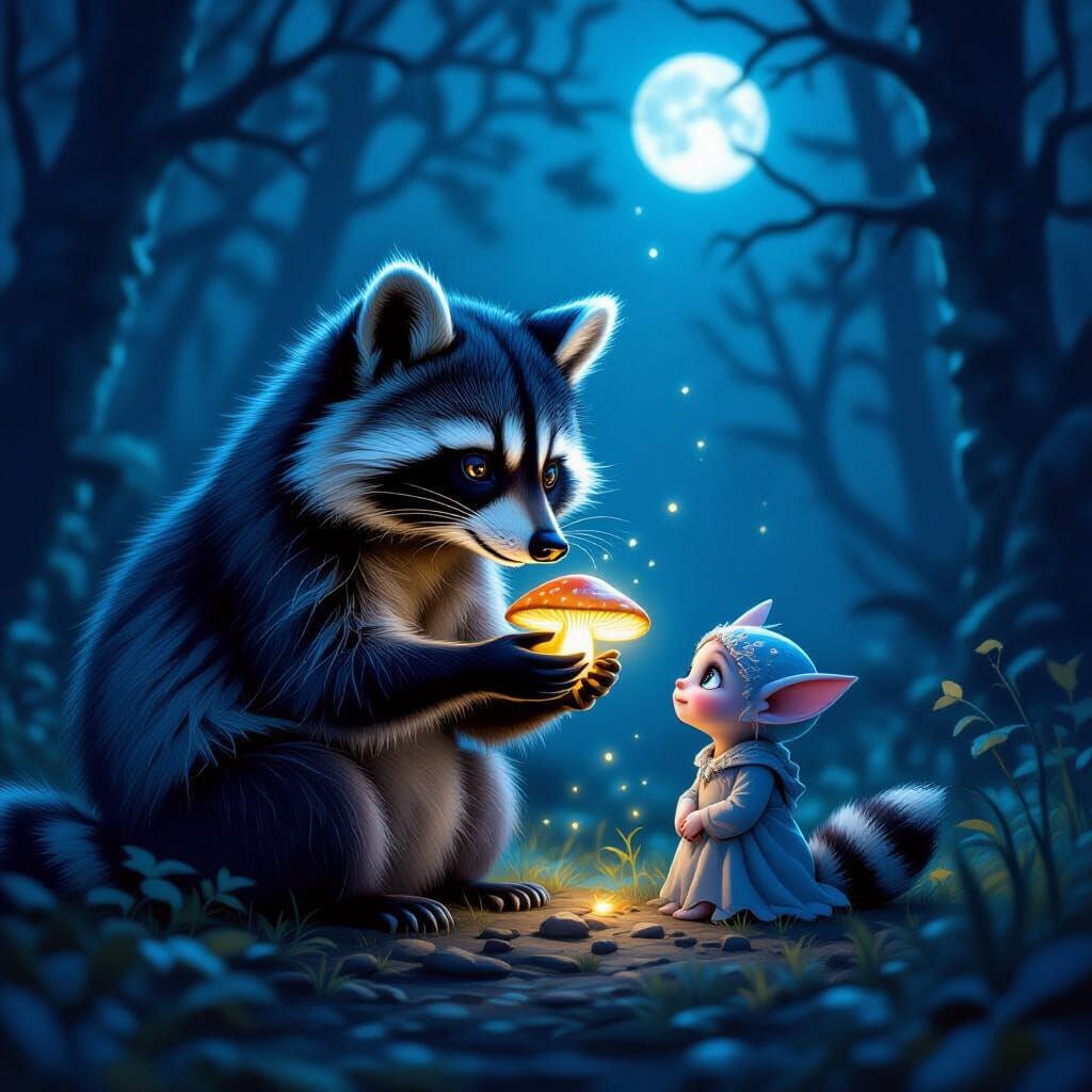 Spectral Raccoon Shares Mushroom with Forest Spirit