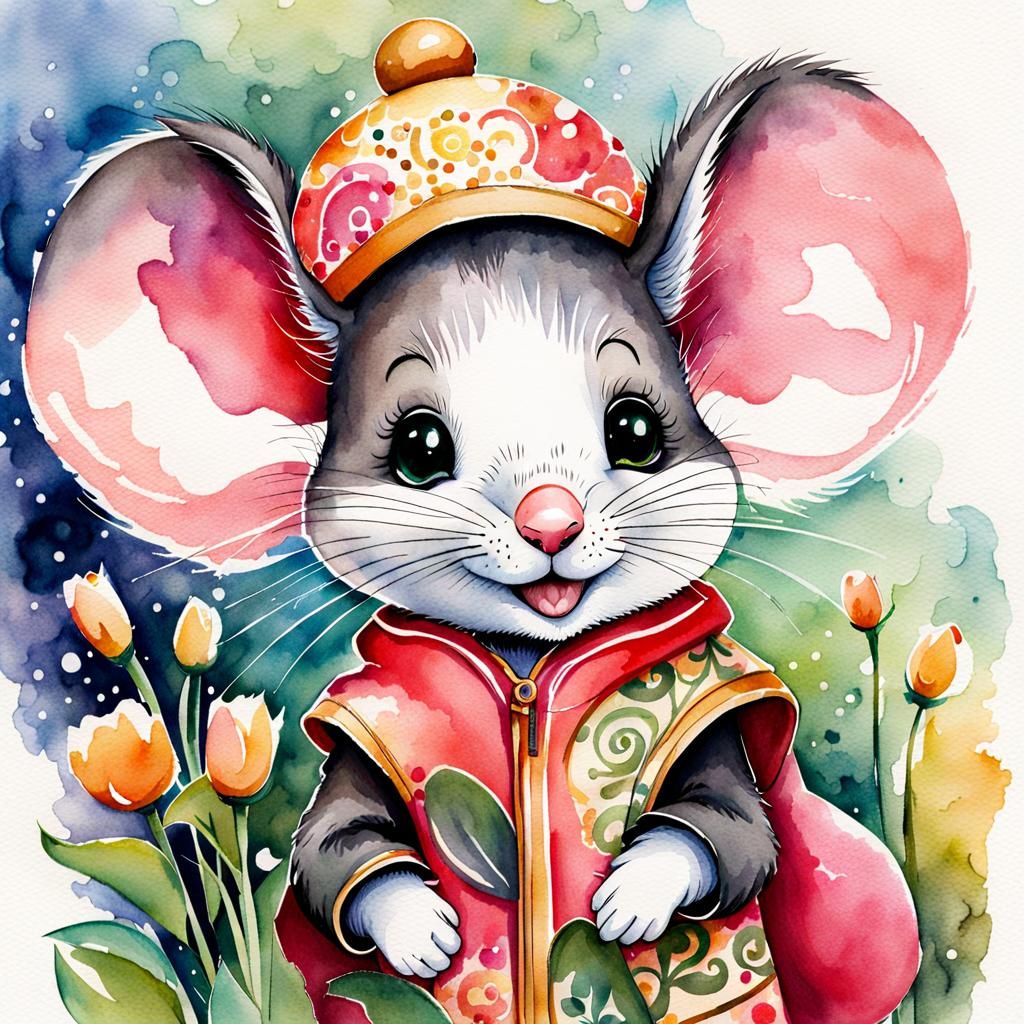 Shy Chibi Mouse Portrait in Watercolor and Ink