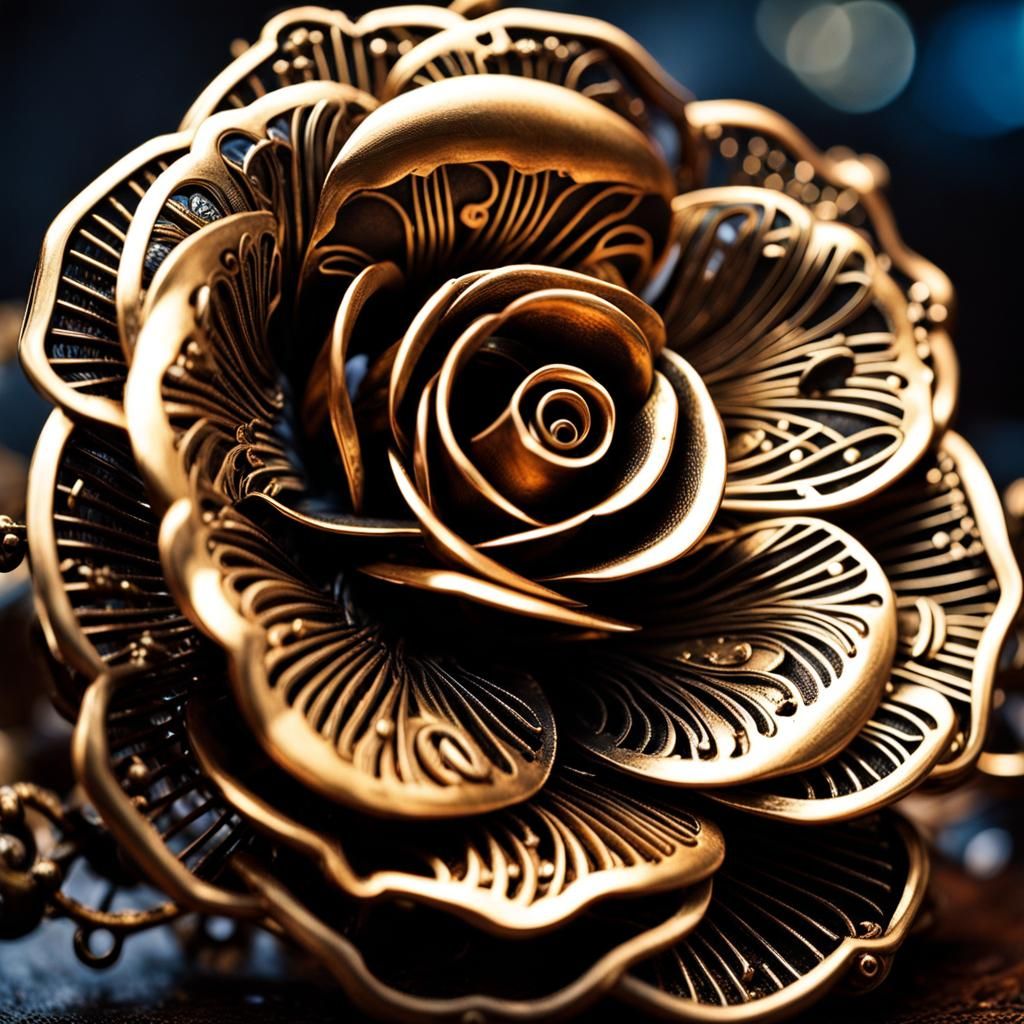 Intricate Steampunk Metal Rose in Hyperrealistic Photo