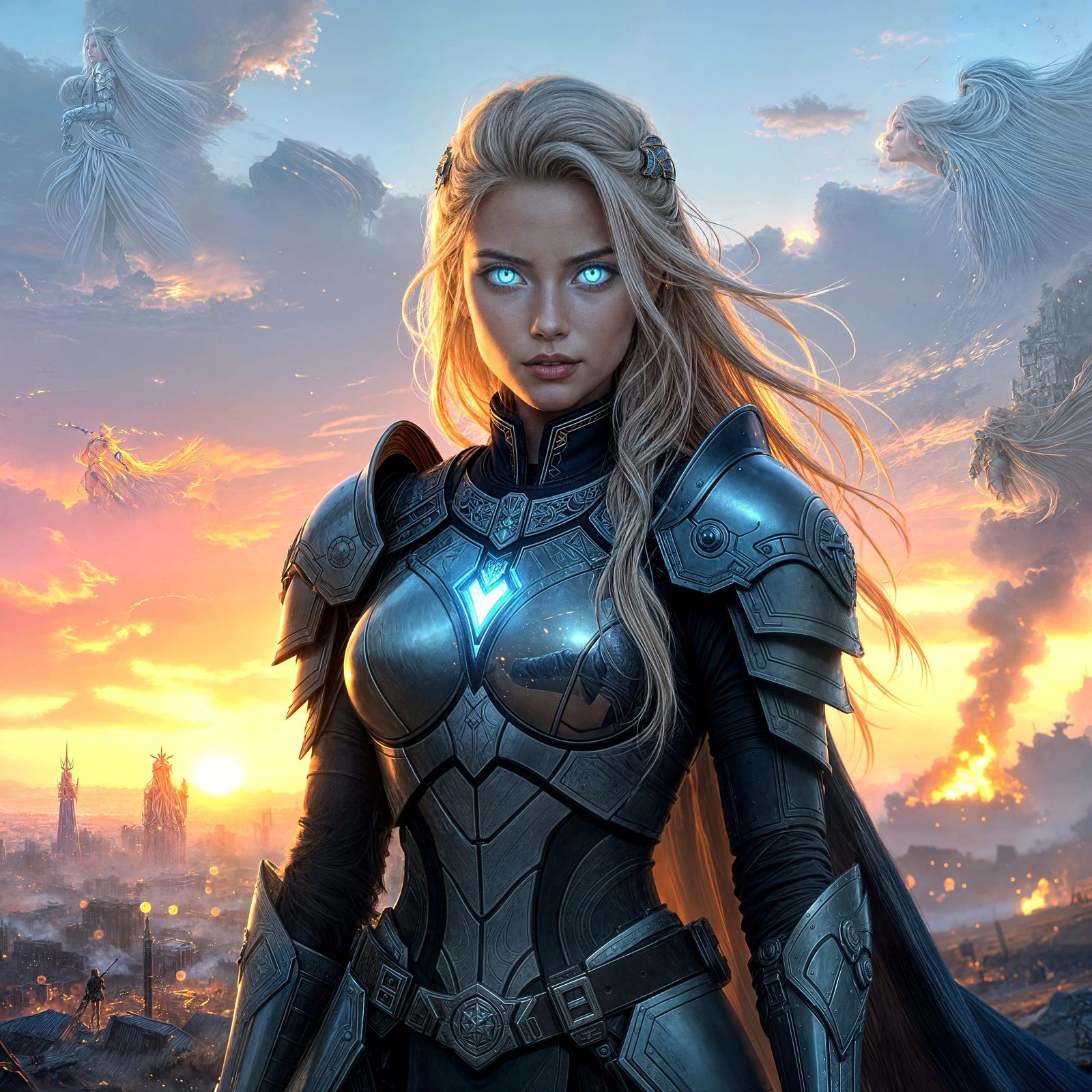 Valkyrie Overlooking Burning City, Digital Art