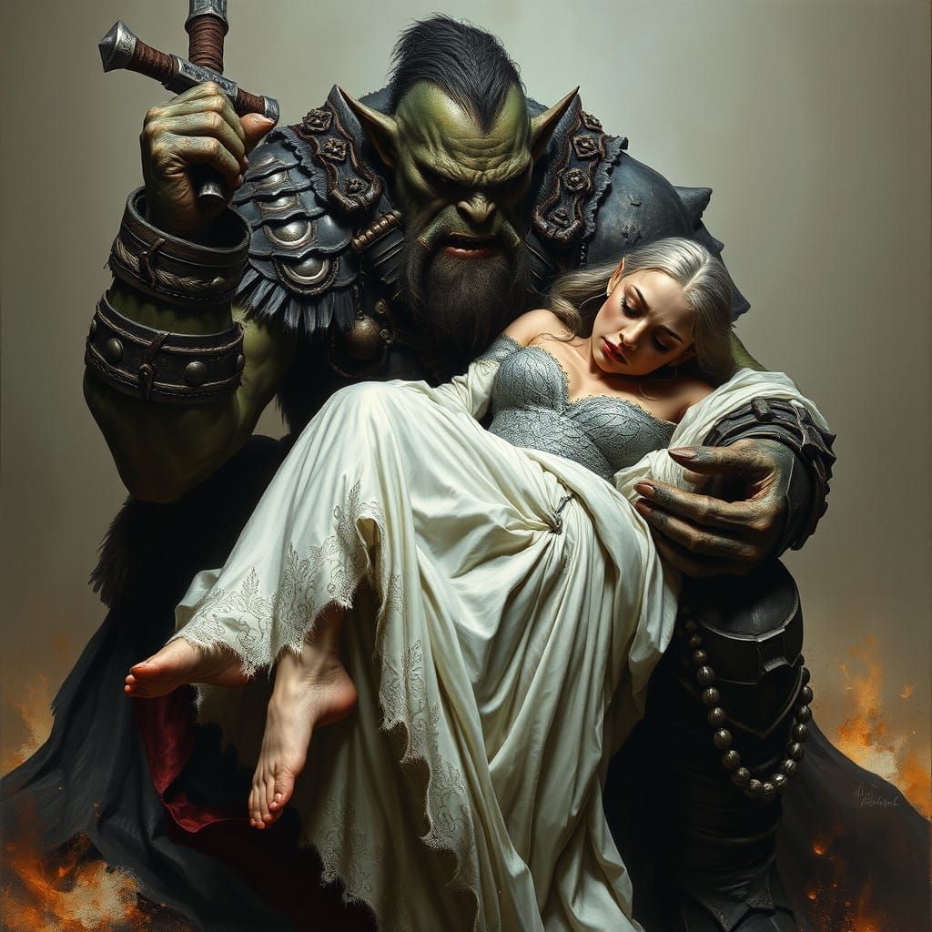 Dark Fantasy Orc Warrior Cradles Unconscious Elf Queen