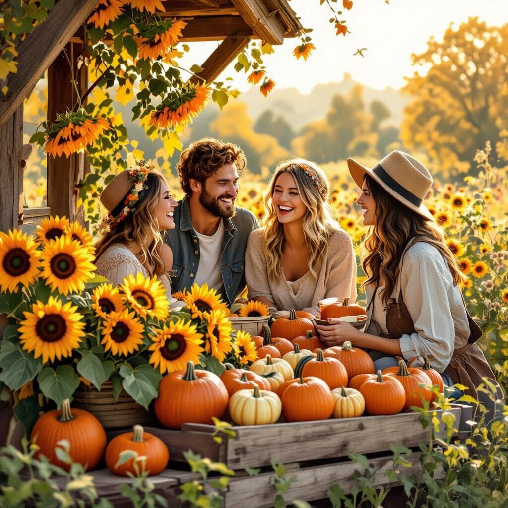Diverse Couples at Sunflower Pumpkin Farmstand