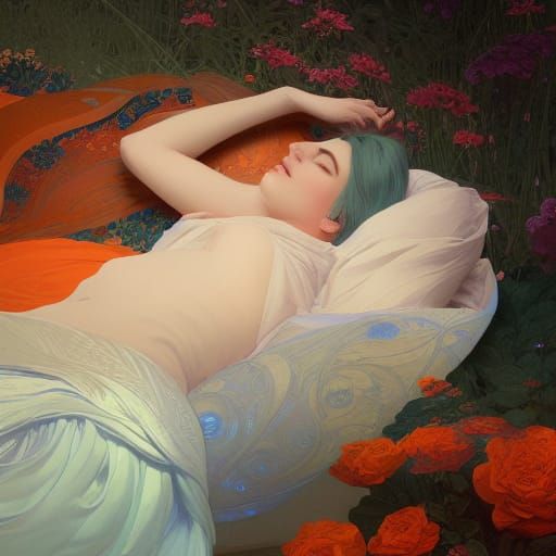 Woman Asleep on Floral Bed, Detailed Digital Art