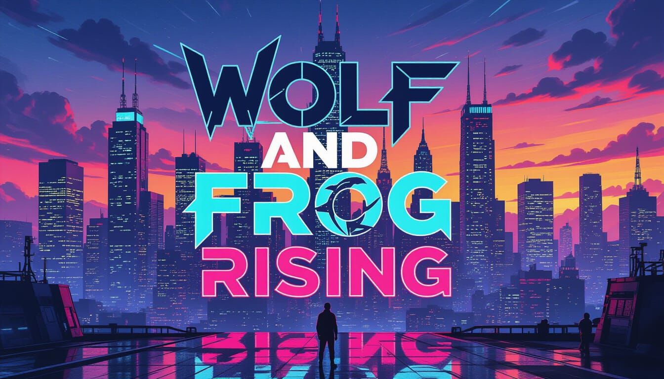 Cyberpunk Cityscape: Wolf and Frog Rising in Neon