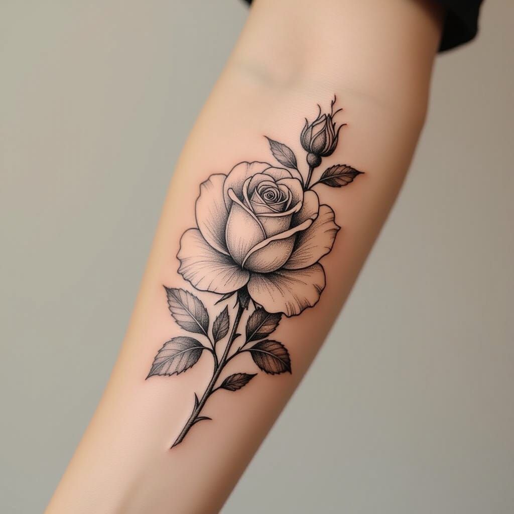 Rose Tattoo in Grayscale with Art Nouveau Style