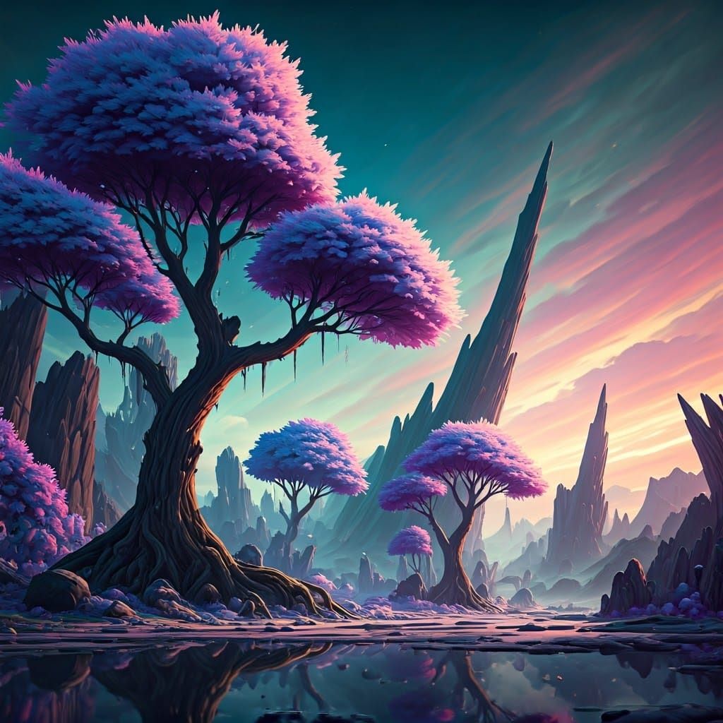 Ethereal Fantasy Landscape with Iridescent Trees
