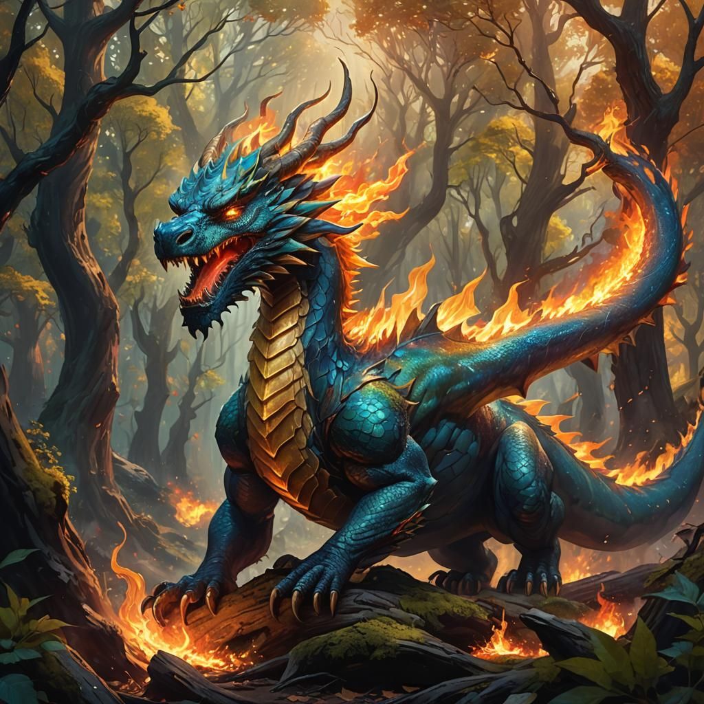 Elemental Dragon Unleashes Fire in Mystical Forest