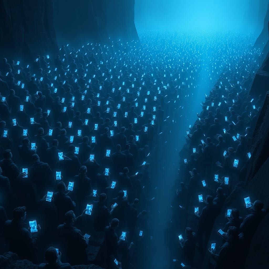 Mobs of People March Towards an Endless Dark Abyss