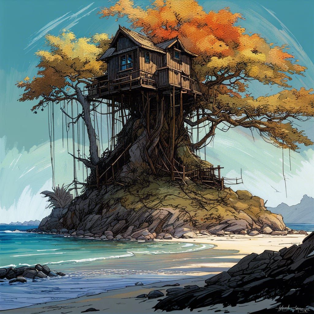 Swiss Family Robinson Treehouse: Vivid Shoreline Oil Paintin...