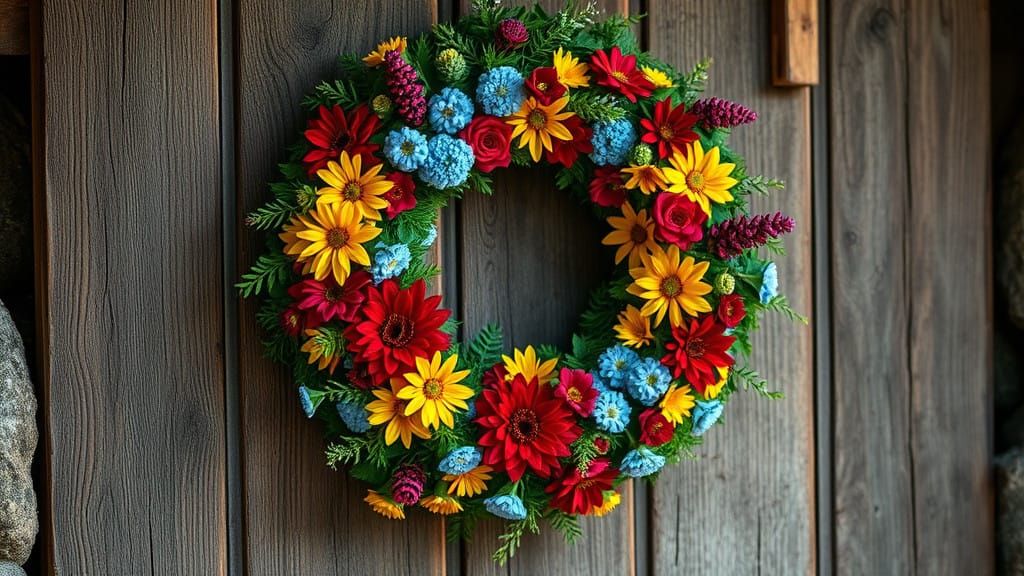 Vibrant Wildflower Christmas Wreath in Rustic Door Detail
