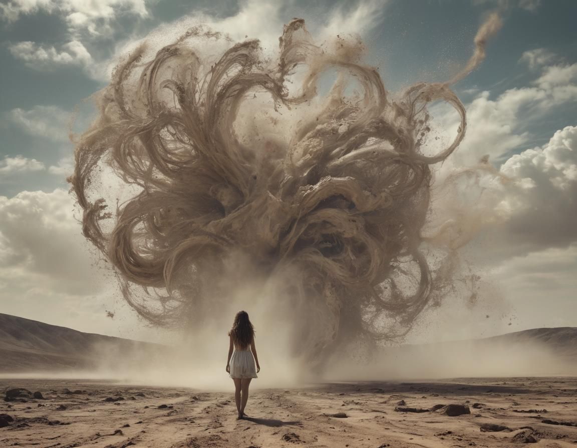 Surrealistic Landscape with Woman in Dusty Abyss