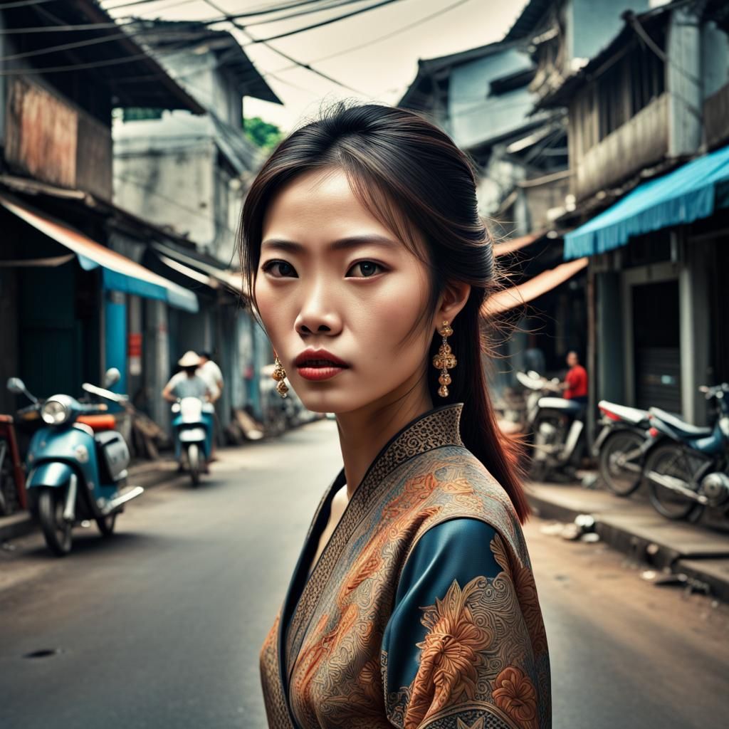 Vietnamese Woman in 1970s Asian Street, Hyperrealistic Fine ...