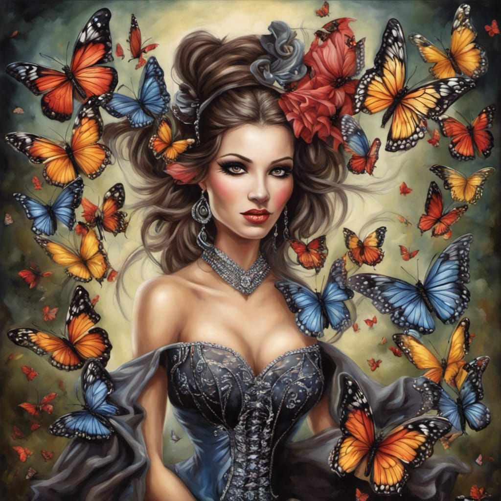 Beautiful French Can-Can Dancer Portrait with Butterflies