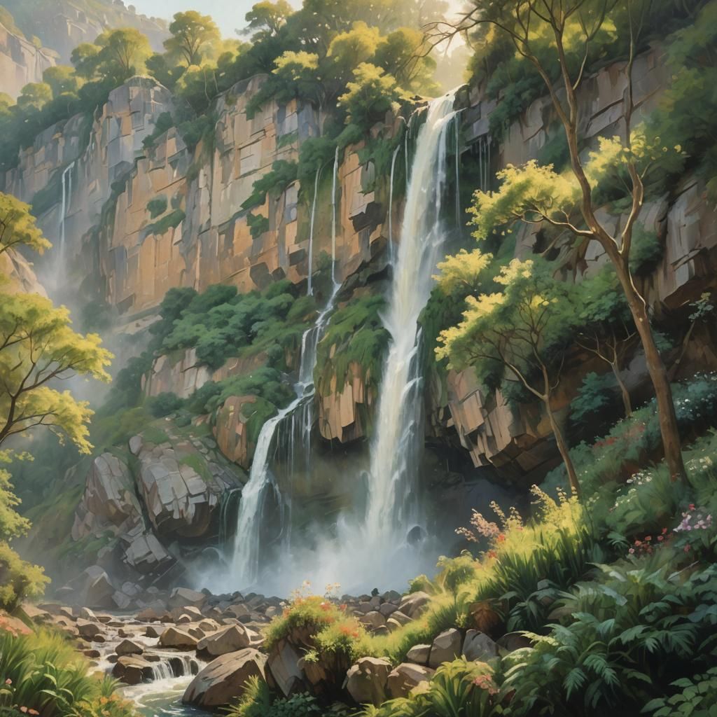 Impressionist Waterfall Landscape with Sunlight and Mist