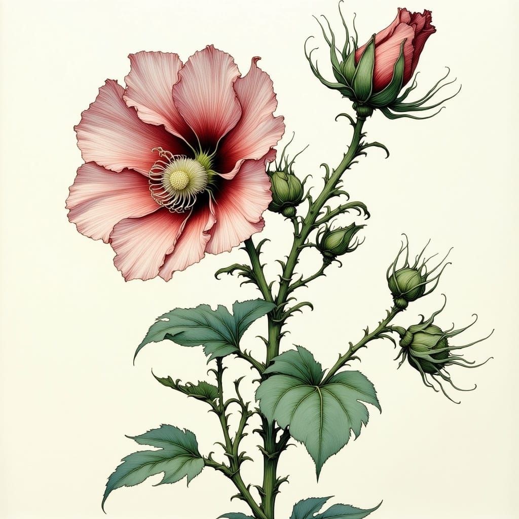 Whimsical Hollyhock Blossom in Vintage Style