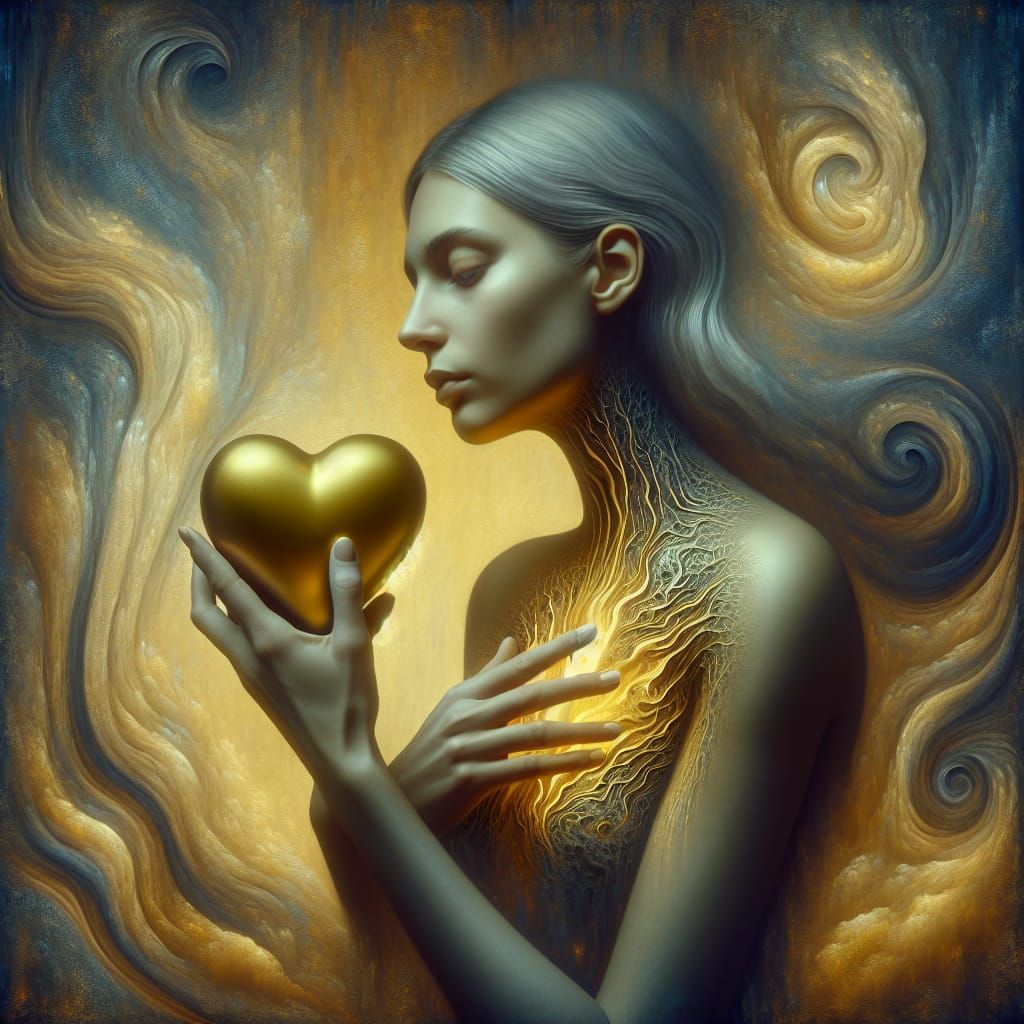 Surreal Woman Unveiling Symbolic Golden Heart