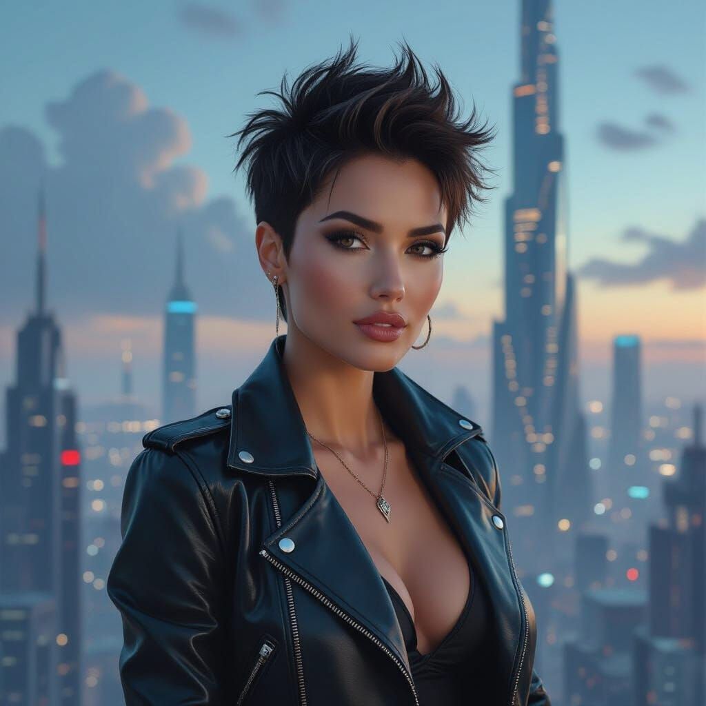 Confident Woman in Cyberpunk Cityscape