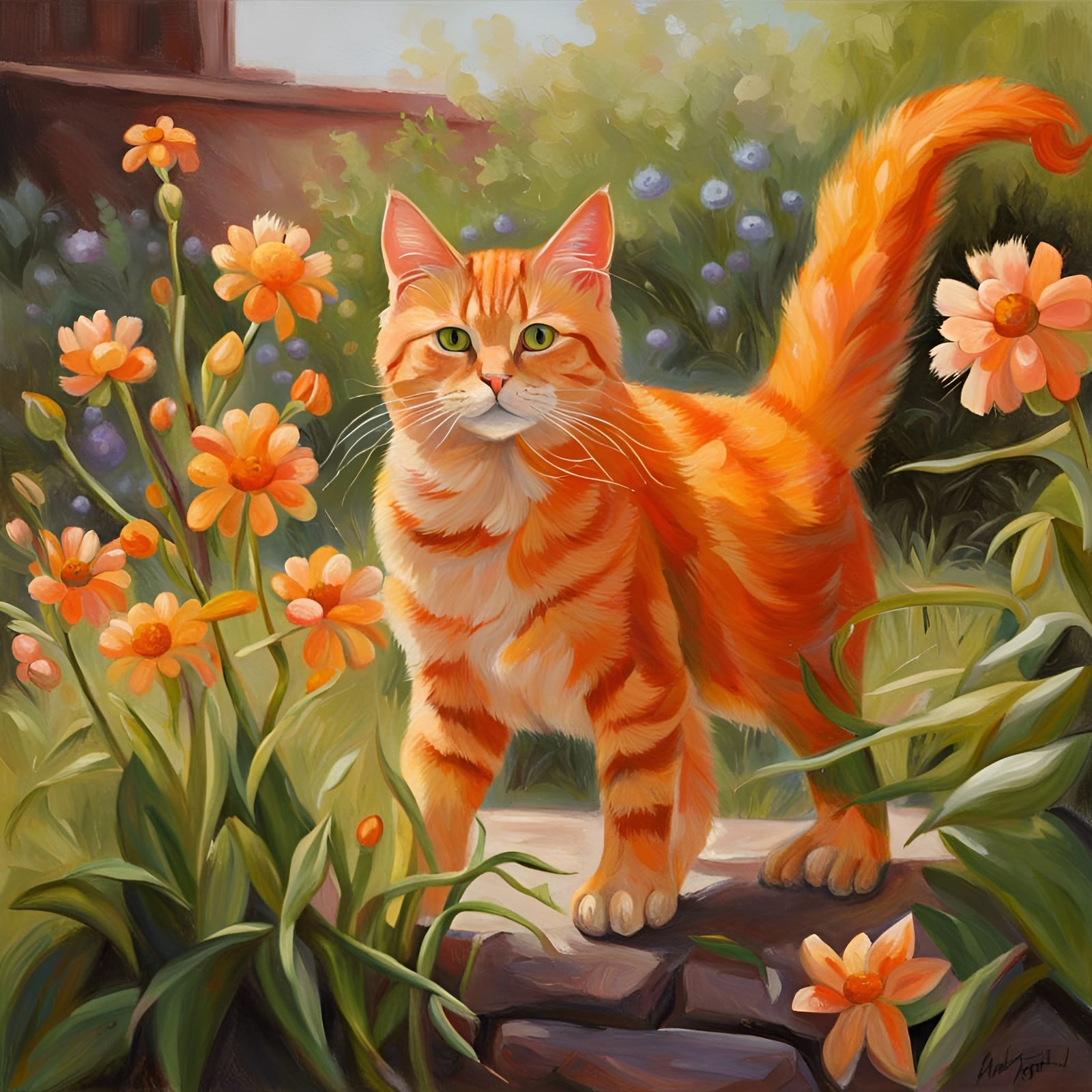 Orange Cat in Budding Garden: Oil Painting