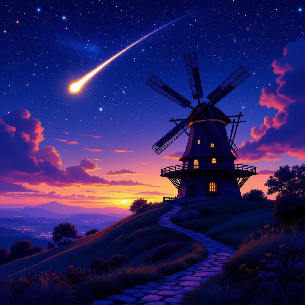Windmill House Under Starry Sky in Dark Fantasy Style