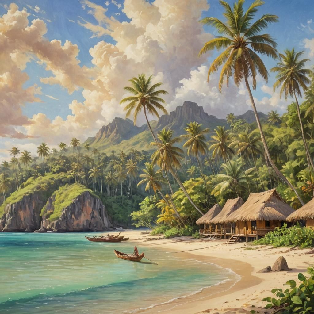 Serene Tropical Paradise in Vibrant Oil Painting Style
