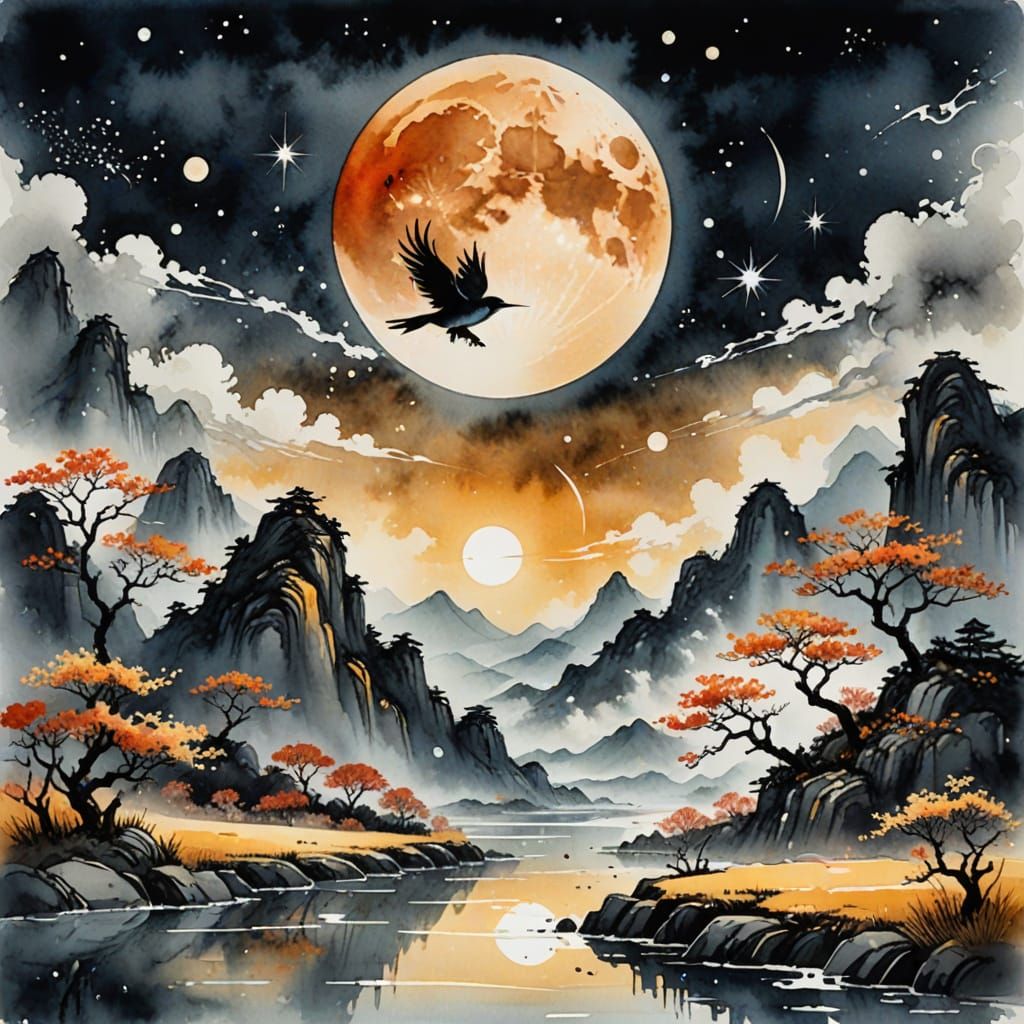 Celestial Bird in Dreamy Lunar Landscape