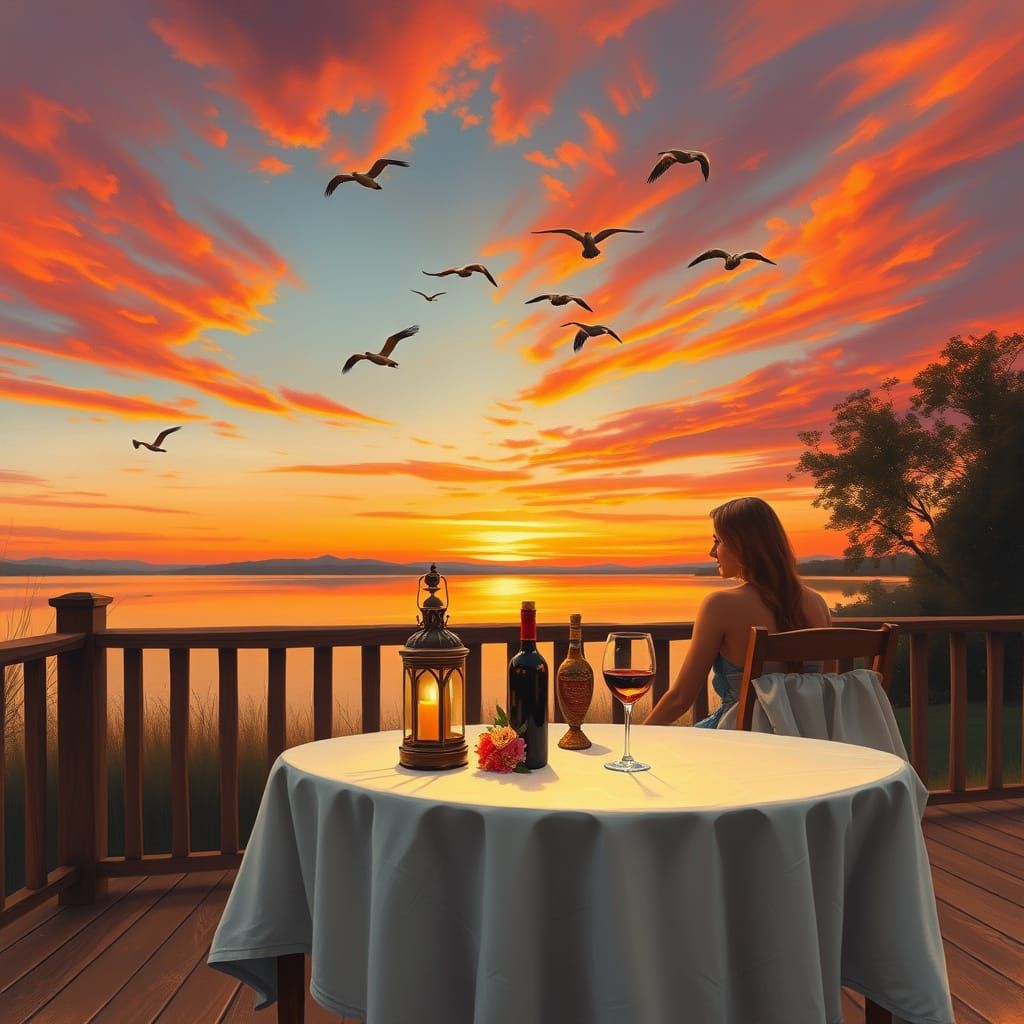 Serene Wooden Terrace at Sunset with Elegant Wine and Flower...