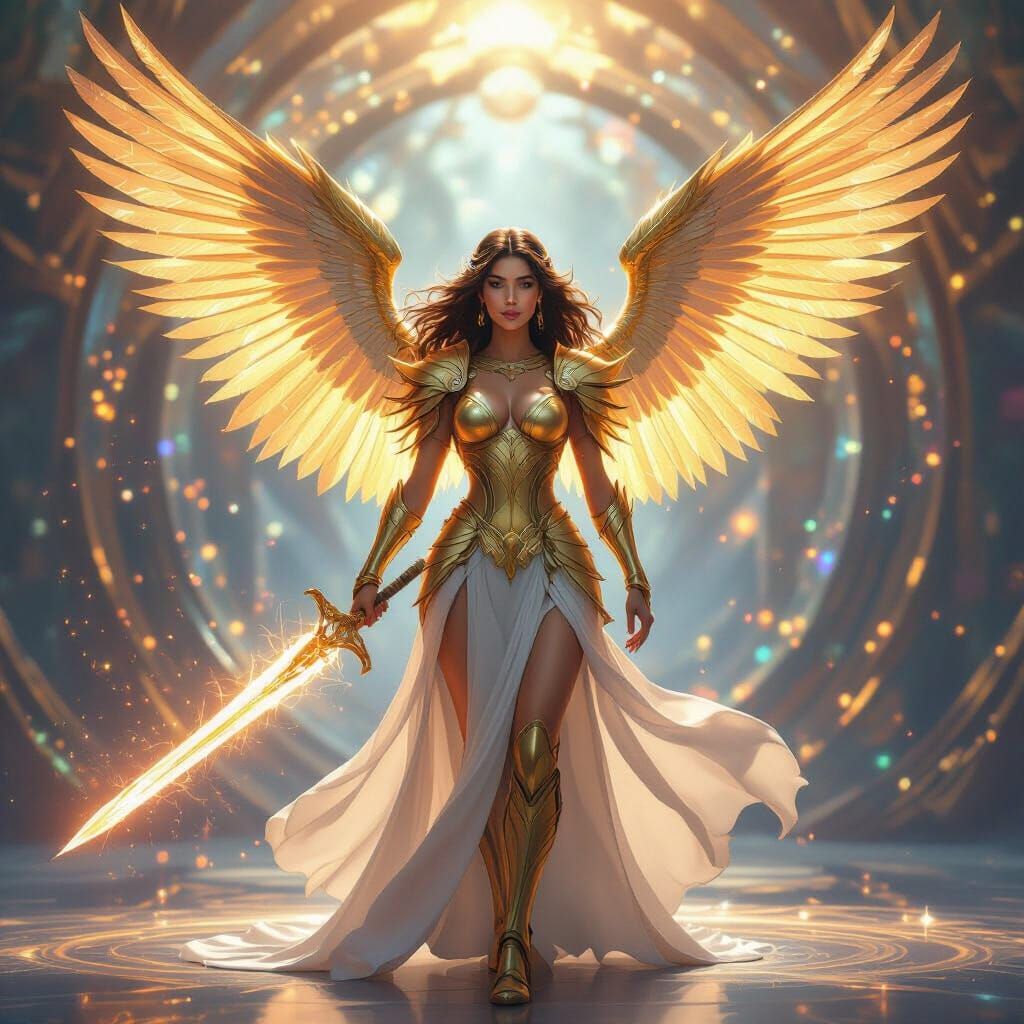 Astral Goddess in Ethereal Armor with Golden Wings