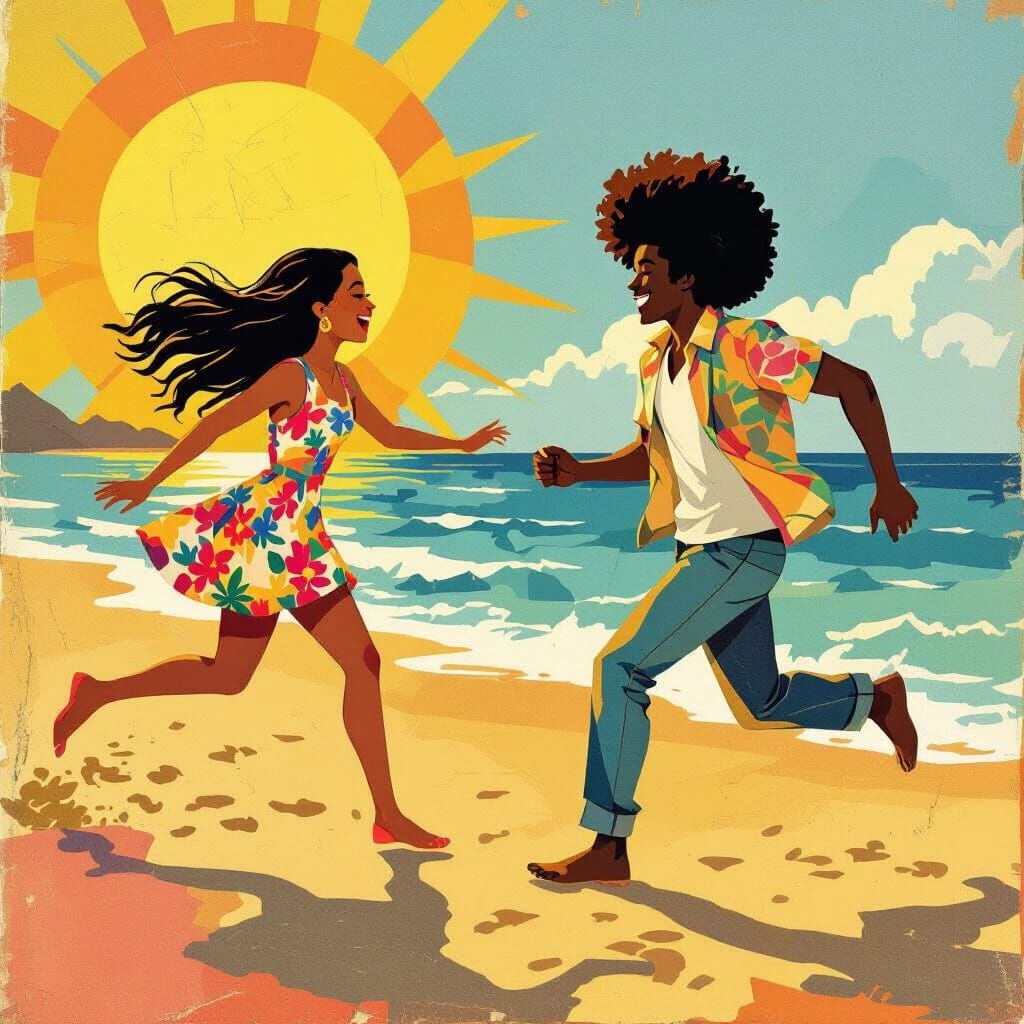 Joyful Beach Chase: Collage Art of Two Kids