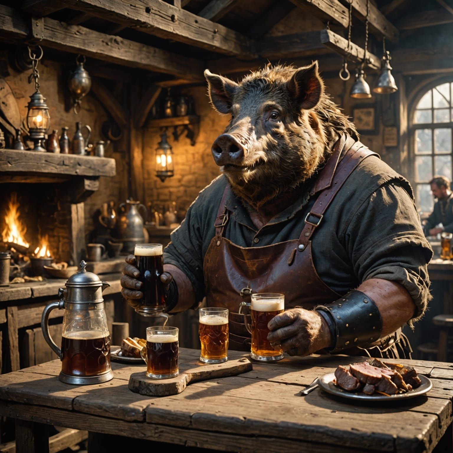 Boar in Tavern: Hyperrealistic Oil Painting