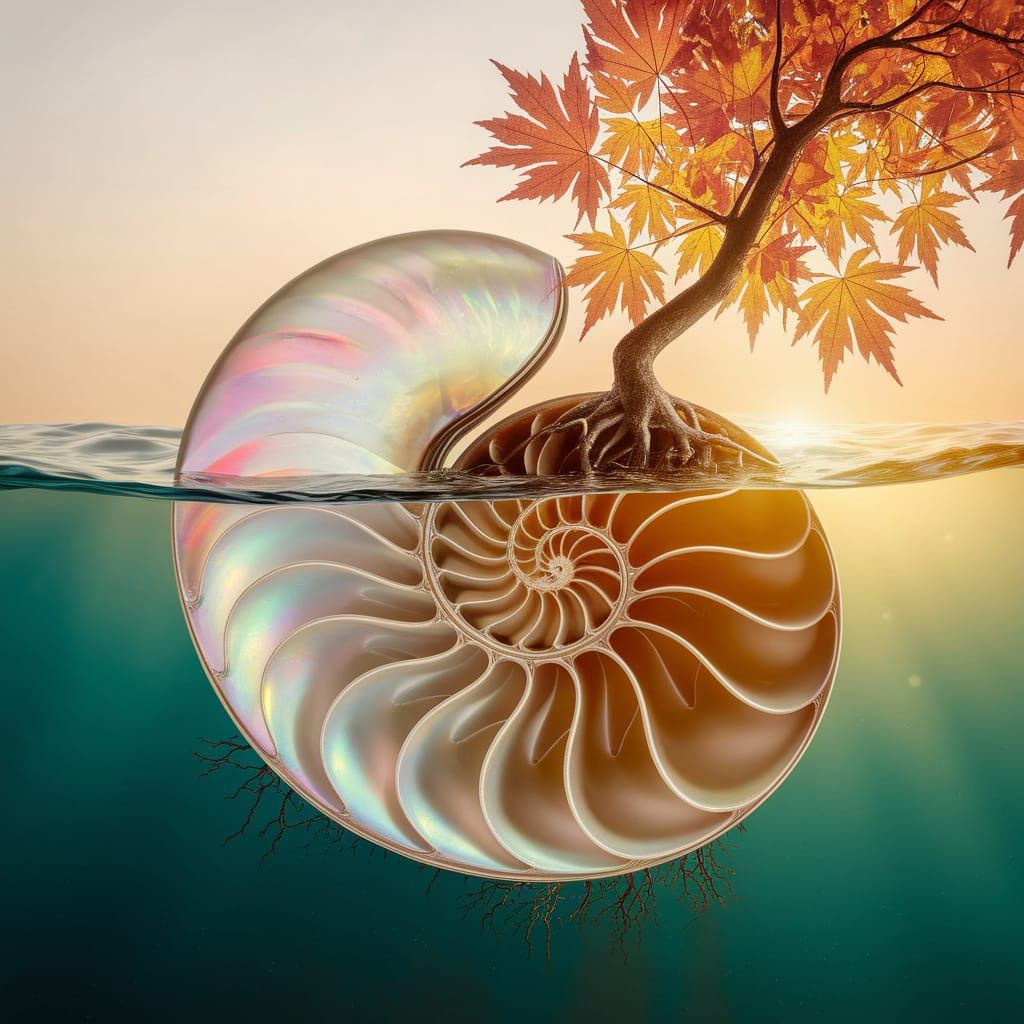 Surreal Nautilus Shell with Maple Tree
