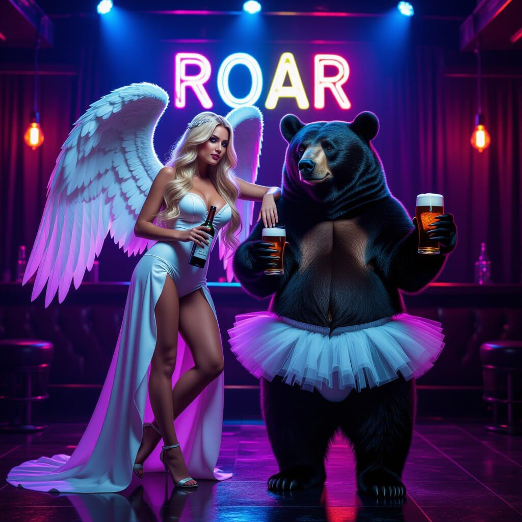 Drunken Angel and Bear in Smoky Nightclub