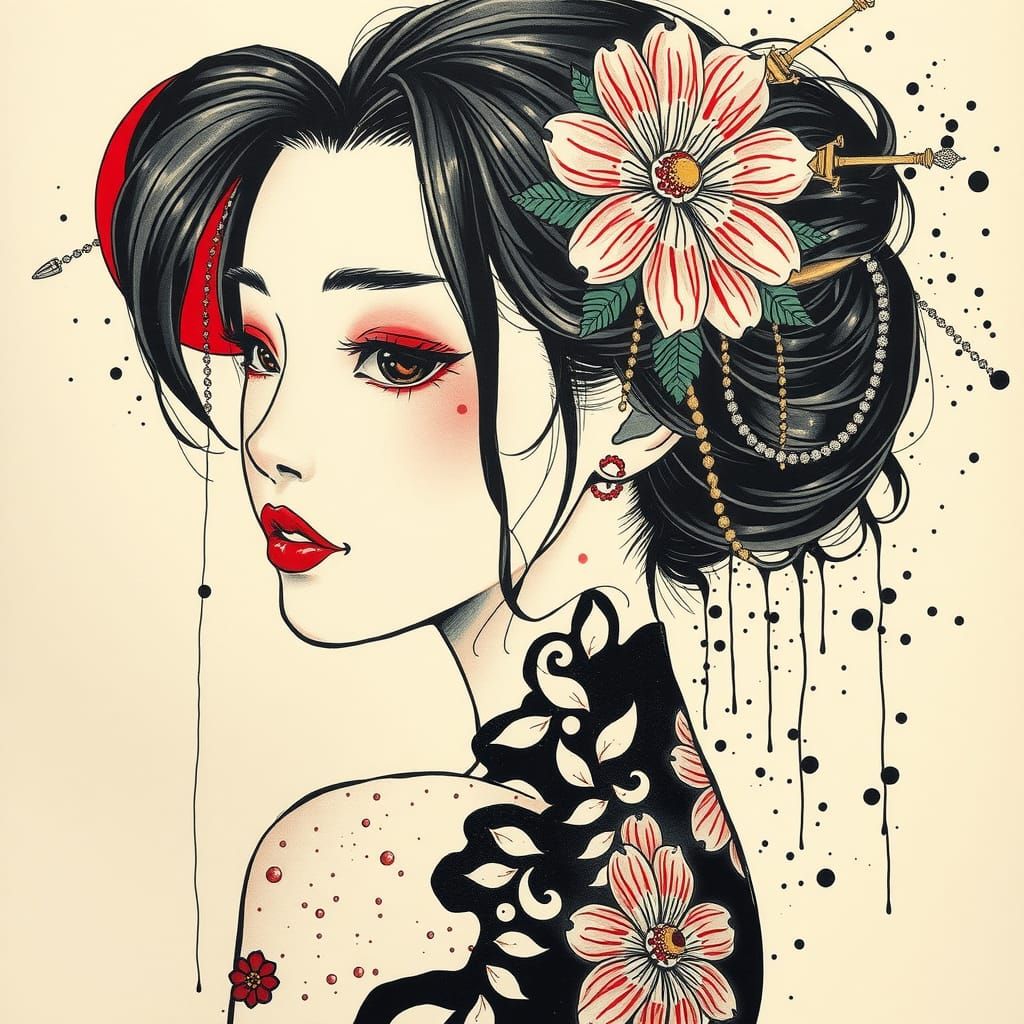 Ink Splatter Japanese Tattoo of Asian Woman